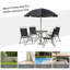 Ensemble de salle à manger de patio 6 pièces pour 4 personnes avec parasol, table d'extérieur et chaises avec 4 chaises pliantes et table ronde en verre pour le jardin, la cour et la piscine, noir