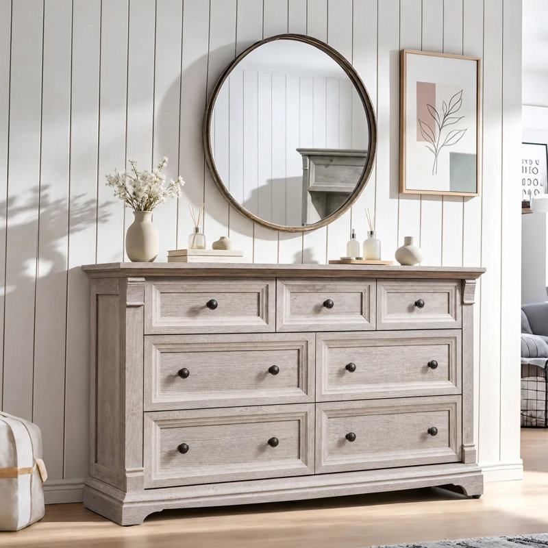 Roman Column 7-Drawer Dresser - 54" Wide Farmhouse Statement, Light Rustic Oak