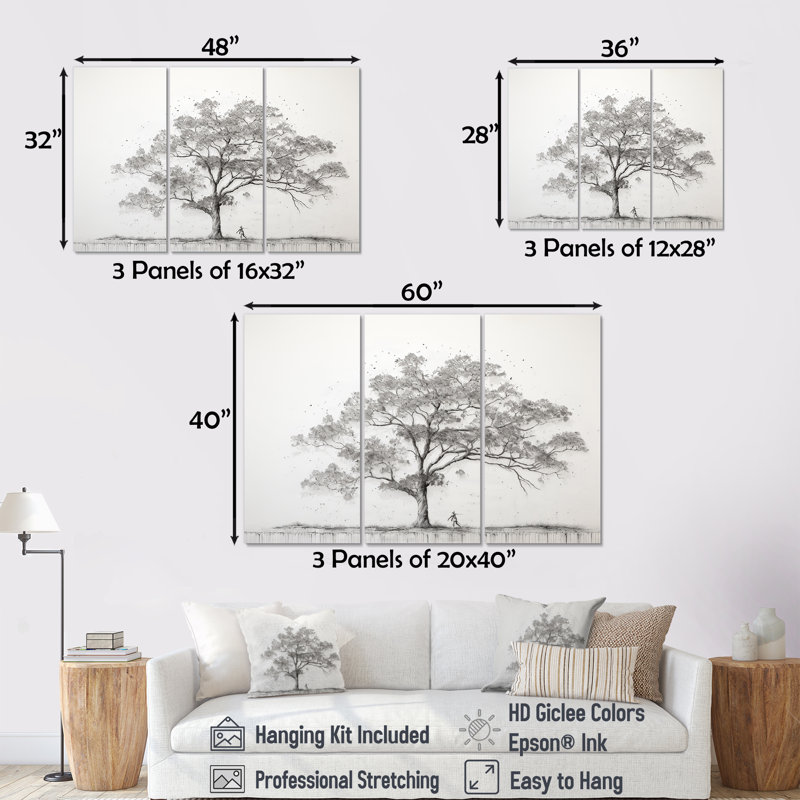 Minimalisme, arbre blanc, pin, rêve II - ensemble d'art sur toile de pin, H 32 po x l 48 po x P 1 po