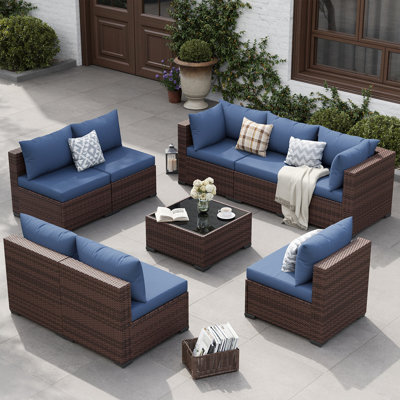 Ensemble de conversation modulaire en rotin 9 pièces avec coussins 9 pièces