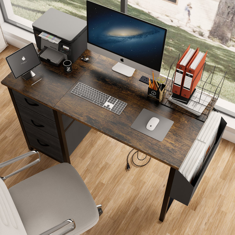 47"Office Desk With Power Outlet,3 Drawers,Side Pocket, Study Desk Easy To Assemble,Frame Stability Reversible For Home Desk, Company Computer Desk, Game Table,Vanity Table,