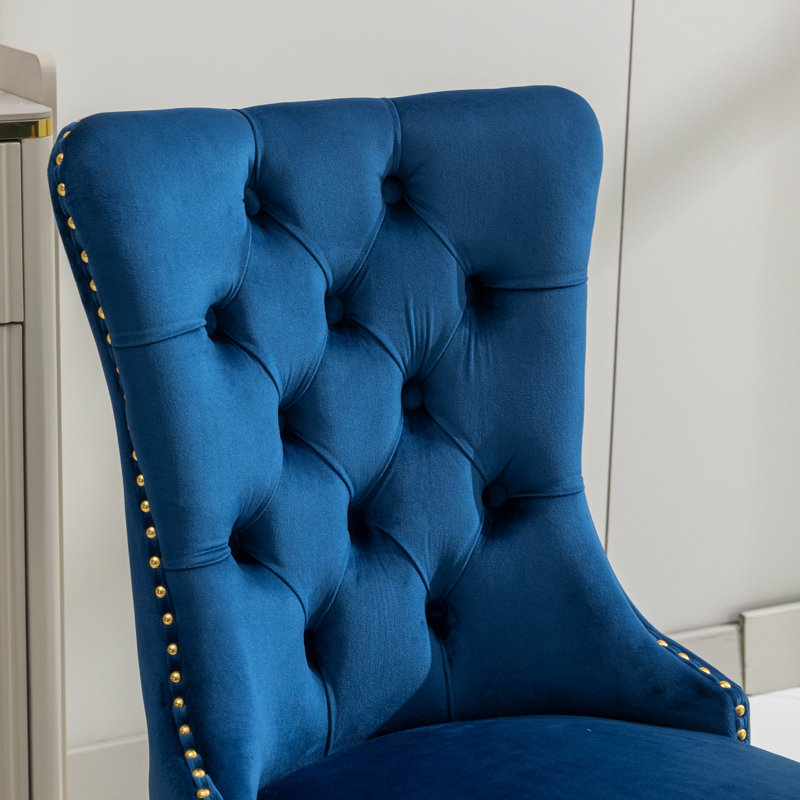 Chaise de salle à manger moderne en bois massif, bleu et chrome (ensemble de 2), Doré, Bleu