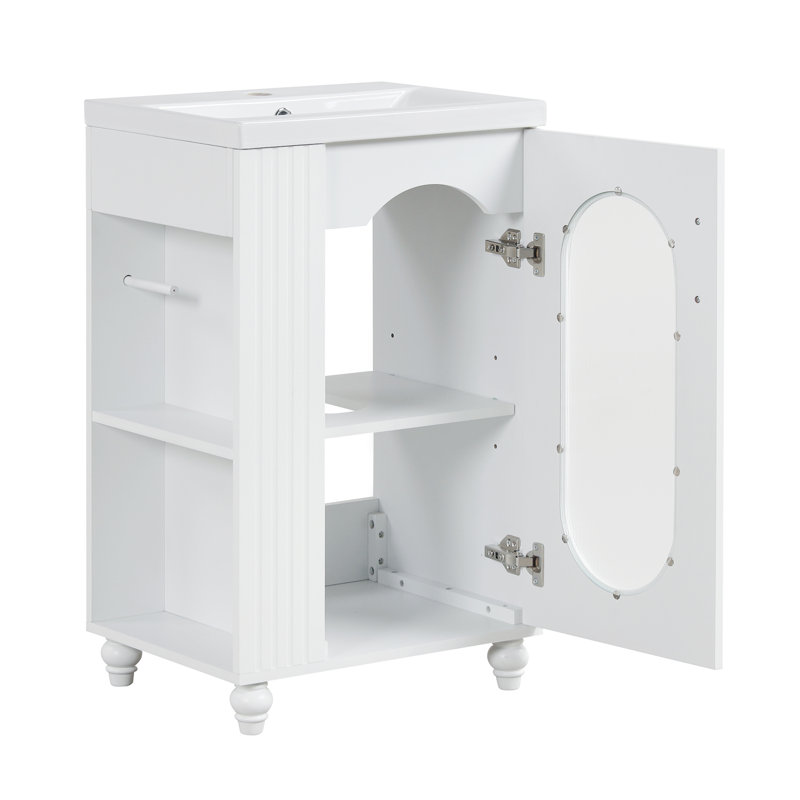 Meuble-lavabo de 20 po avec lavabo, meuble-lavabo avec tablette à deux niveaux, tablette réglable, porte-papier hygiénique, bois massif et panneau de fibres à densité moyenne, blanc