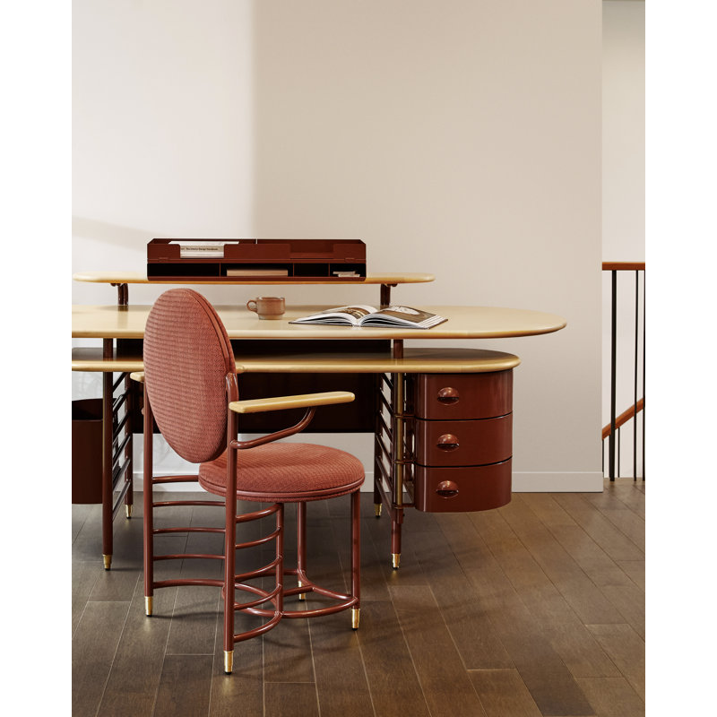 Frank Lloyd Wright Racine Desk with Storage and Accessories, 35" H x 84" W x 37" D, Maple Brown/Red