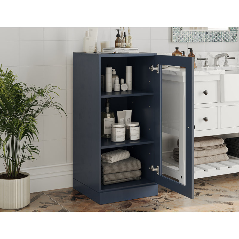 Armoire de salle de bain 100% bois massif 16,5 po avec porte en verre transparent et tablettes réglables, Bleu antique