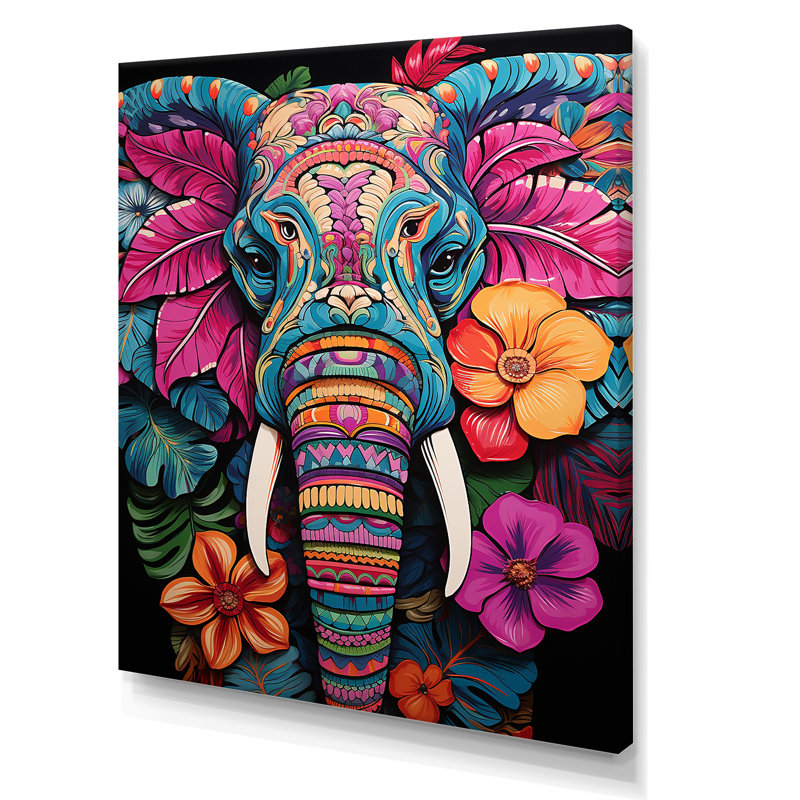 «Blue and Pink Jungle Elephant Jamboree», art mural éléphant, Toile tendue, H 32 po x l 16 po x P 1 po
