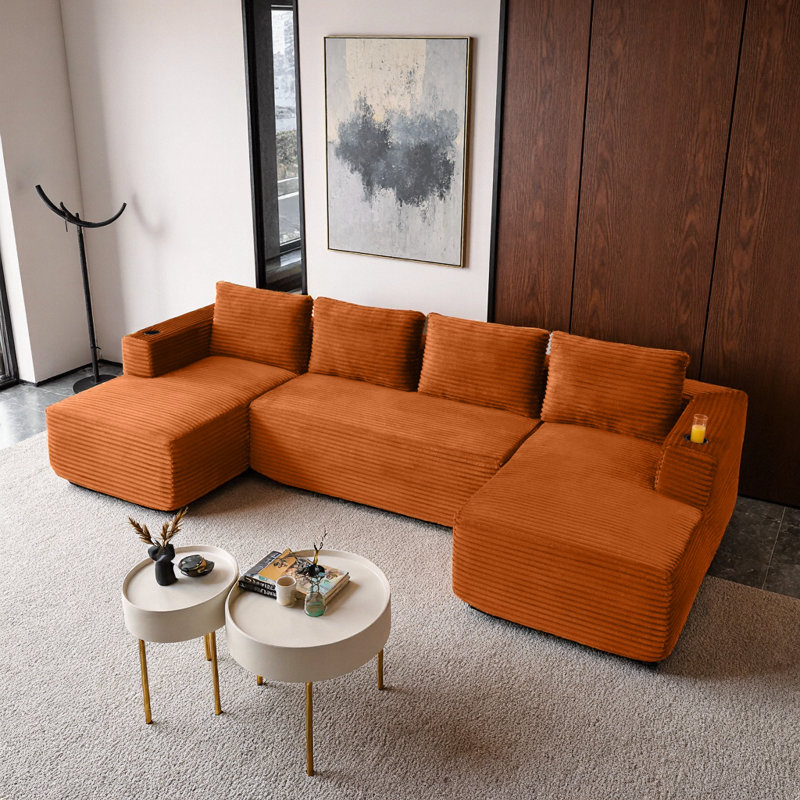 Canapé modulaire en forme de U 132 po Corduroy Cloud, sans assemblage, avec méridienne et porte-gobelets, bleu, 4 places