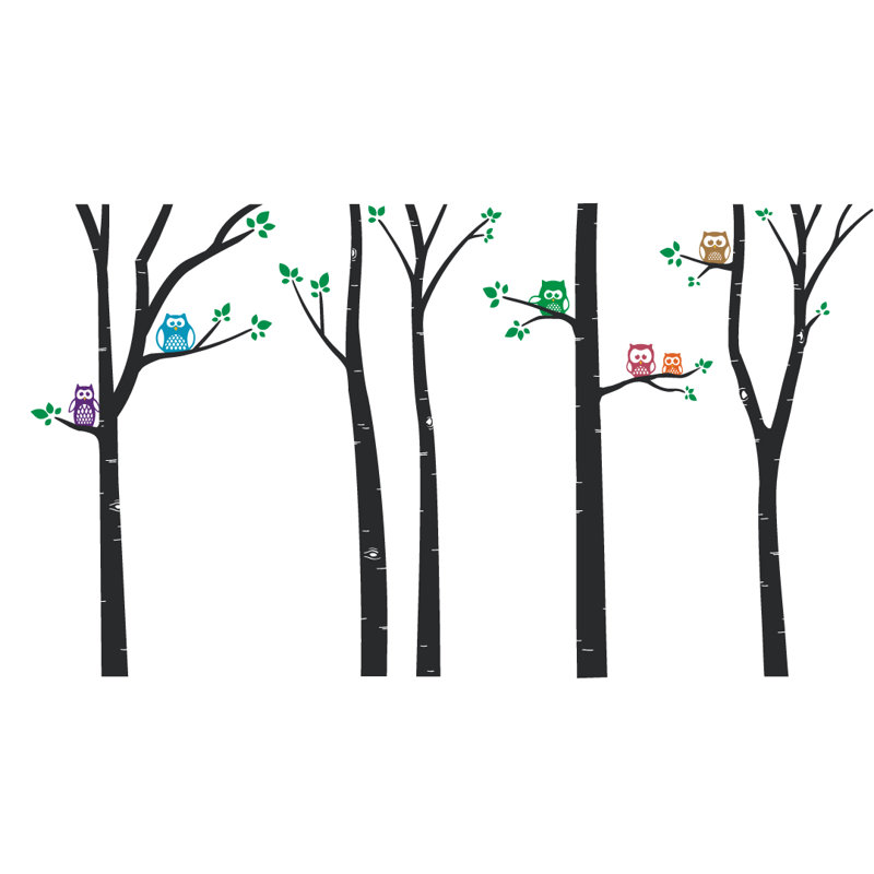 Décalcomanie murale arbres bouleau hibou, Noir
