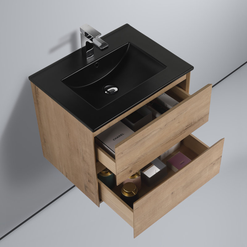 Meuble-lavabo flottant avec lavabo mural Annedoris, Noir, noir, noir, noir, Chêne classique
