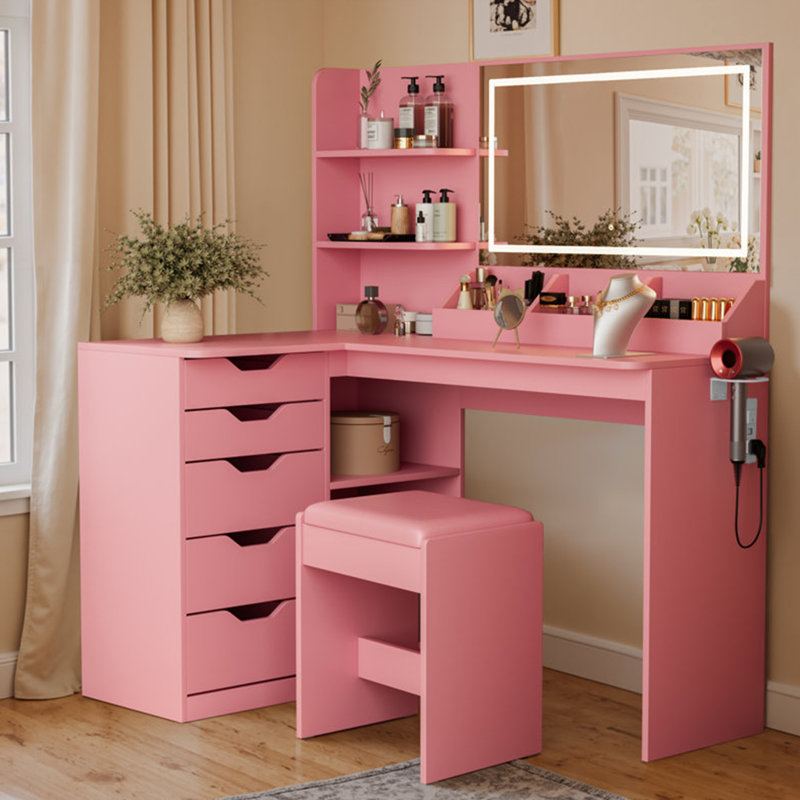 Meuble-lavabo de coin avec lumières et miroir, Rose clair