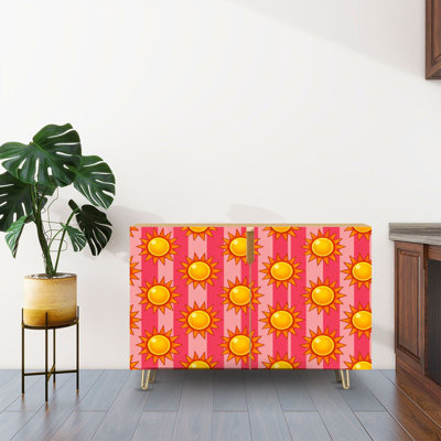 Sideboard Buffet Cabinet with Storage Bright Cartoon Sun Orange Yellow Pink Striped with 2 Doors for Living Room and Kitchen