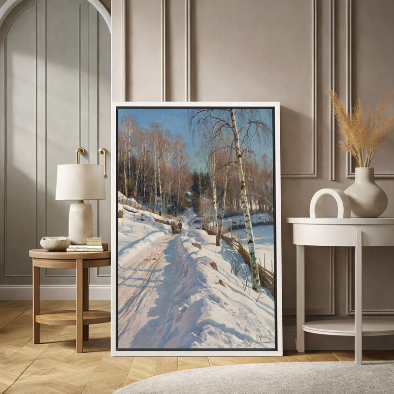 «Winter Snowy Country Road», photos de paysage de forêt de bouleaux, impression sur toile encadrée, Cadre flottant blanc