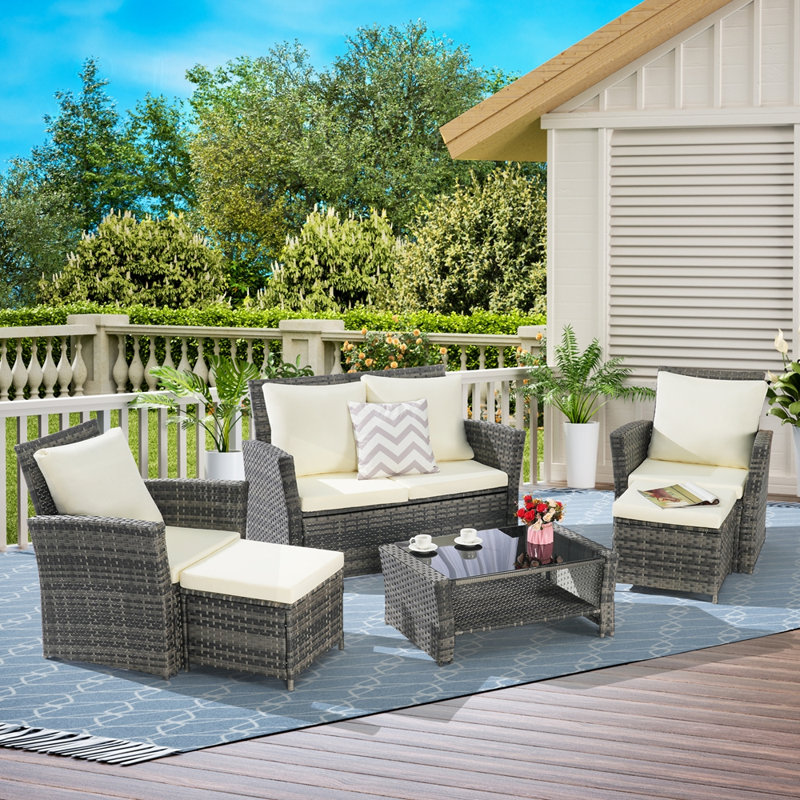 6 Piece Wicker Patio Furniture Sets with Ottoman and Tempered Glass Coffee Table, Beige