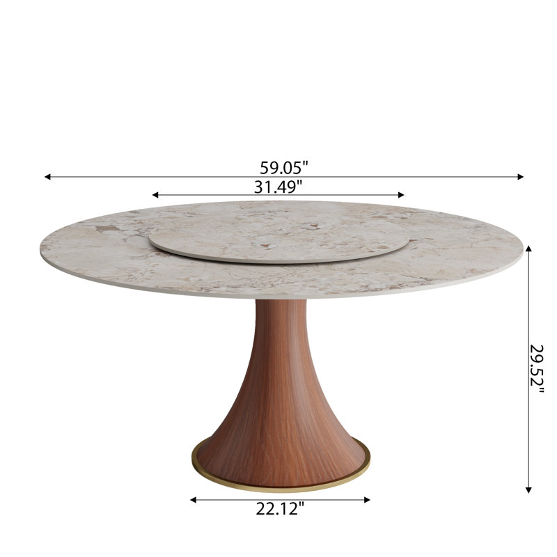 Round Dining Elegant Sintered Stone Table Set With Rotating Lazy Susan And 6 Upholstered PU Chairs For 4-8, Cream