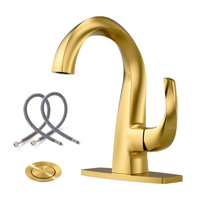 Solid Brass Single Handle Bathroom Sink Faucet, 1-Hole High Arc Basin Faucet with Pop-Up Drain, Gold