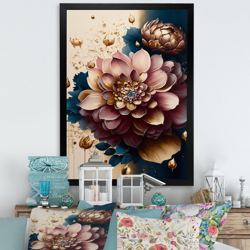 «Deep Pink Dahlia Floral Design II», art mural sur toile floral et botanique, H 32 po x l 24 po x P 1 po, Cadre photo noir