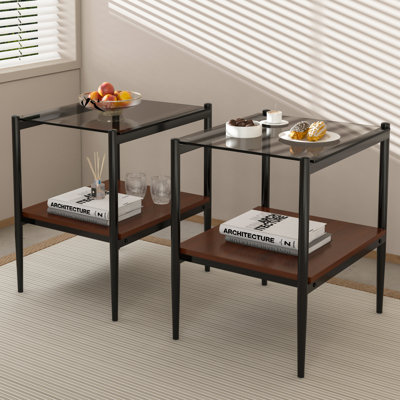 Ensemble de 2 tables de bout rectangulaires, plateau en verre trempé avec panneau de fibres à densité moyenne, table moderne pour le salon, verre gris