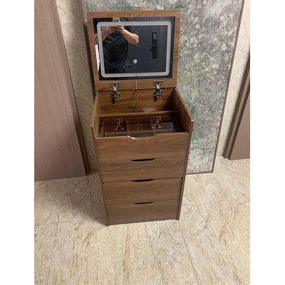 (Walnut) 3 In 1 Vanity Desk With Plip Top Mirror,Small Make Up Vanity Set With Visible Glass Desktop,Compact Makeup Vanity With 3 Drawers