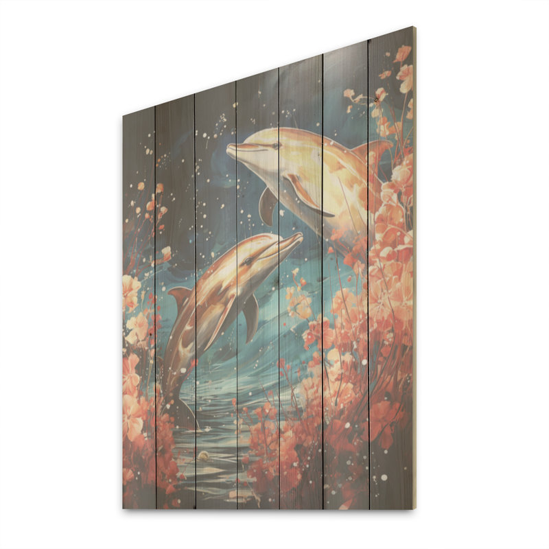 Dauphins mystiques, art mural sur bois de pin naturel, H 20 po x l 10 po