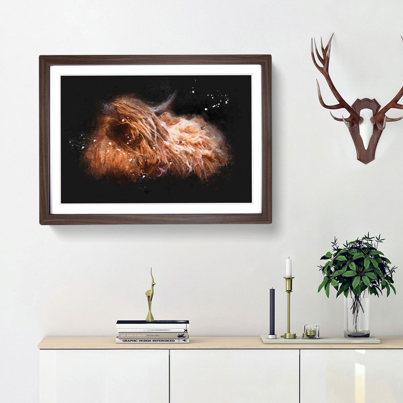 Highland Cow In The Shadows Paint Splash - Picture Frame Graphic Art, Walnut Framed, 33cm H x 45cm W x 2cm D