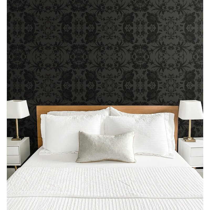 Papier peint non collé Seabrook Designs Onyx & Keanna Rose, Gris; noir, Non tissé