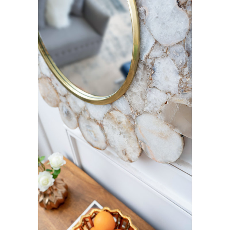 White Agate Flower Shaped Round Wall Mirror with Brass Frame