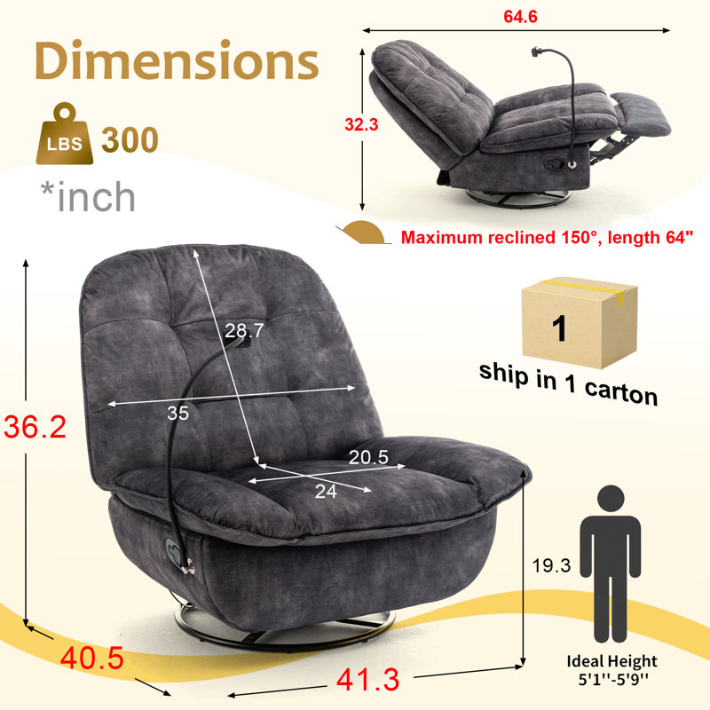 Betzabe 41.3"W 360°Swivel 30°Rocking Manual Recliner, Cellphone Holder, Dark Gray