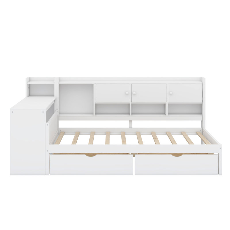 Wooden L-Shape Daybed With Storage Cabinets And Two Storage Drawers, Multi-Functional Bed With Study Desk And Built-In Bookshelf