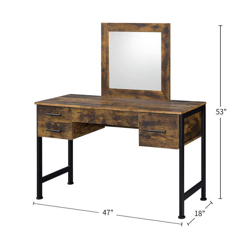 Meuble-lavabo rustique avec 4 tiroirs de rangement, structure en métal noir, miroir L 18 po x H 18 po, tiroir coulissant avec tiroirs