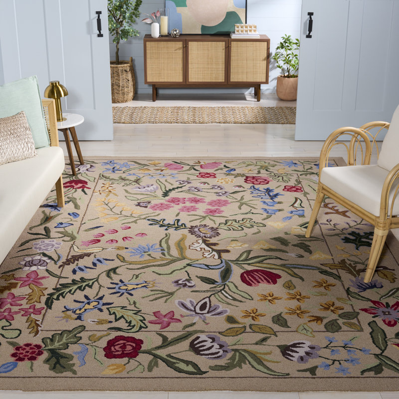 Lounes Hand Tufted Wool Floral Rug, Square 5'6"