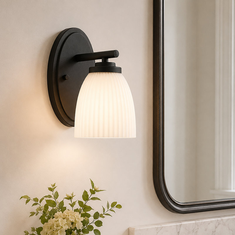 1-Light Modern Ribbed Frosted Glass Wall Sconce, Black