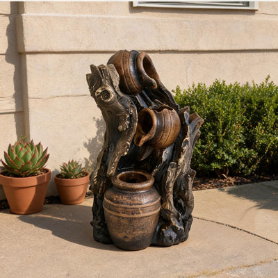 Fontaine de table à niveaux 6,3 pouces avec 3 pots en cascade, polyrésine brun riche, style maison de campagne rustique pour une détente intérieure et extérieure