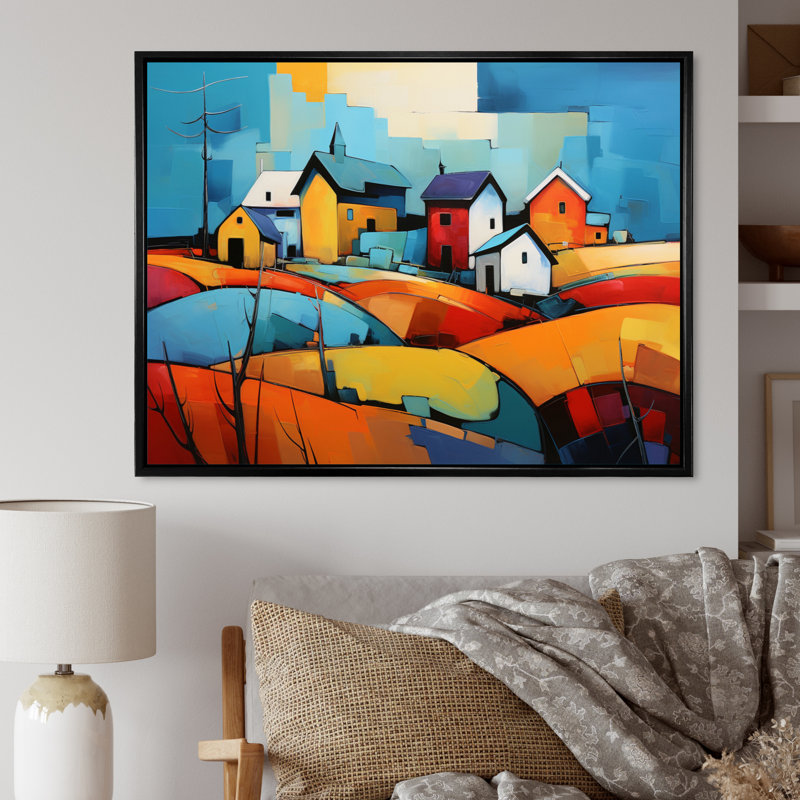 Martaja " Abstract Farmstead Collage ", Black Floater Framed, 16" H x 32" W x 1" D