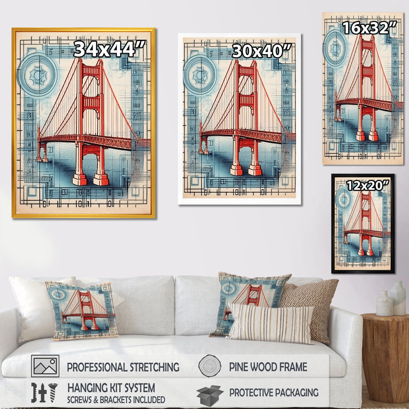 «Golden Gate San Francisco Retro Illustration I», reproduction sur toile, 32" H x 16" W, Cadre naturel flottant