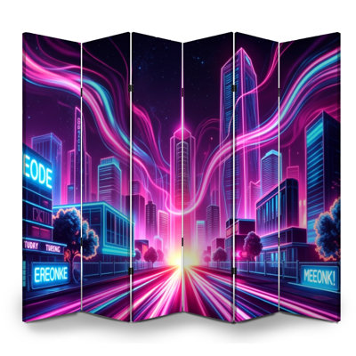 Paravent 6 panneaux à cloison pliable Royal Futuristic Neon Cityscape Glowing Skyscrapers