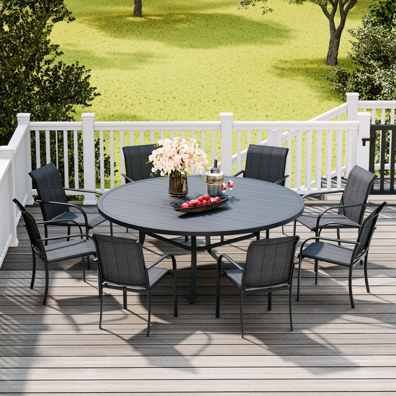 Patio Dining Set with 53" Round Metal Dining Table and 8 Stackable PVC-coated polyester Chairs, Brush Wood Gray/Dark Gray