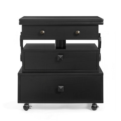High-Gloss Lacquered Adjustable Height Rolling End Table with Charging Station and Storage, Perfect for Multi-Use in Modern Living Spaces