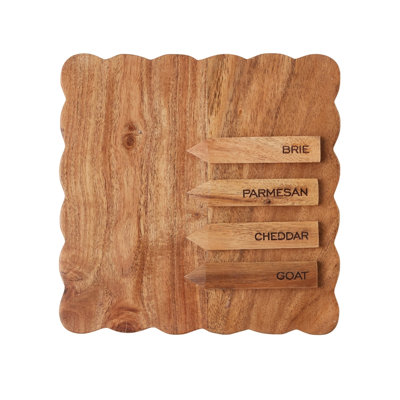 Scalloped Square Cheese Board with Cheese Markers - Natural