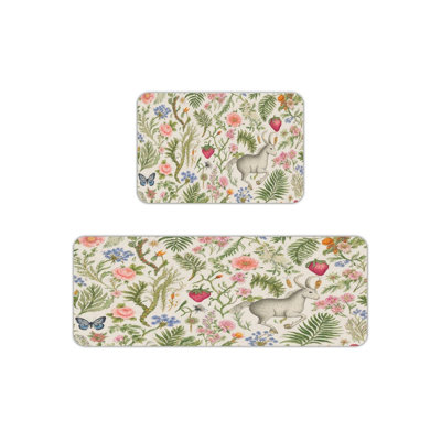 Botanical Animal Strawberry Kitchen Rugs 2-Piece Set,  Floor Mats For Kitchen & Nursery