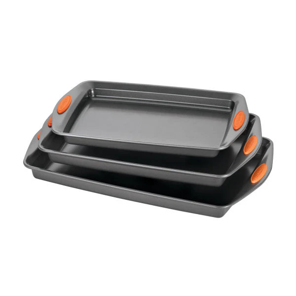 Rachael Ray Nonstick Bakeware Cookie Pan Set / Baking Sheets, 3 Piece Rachael Ray Color: Gray/Orange Silicone Grips