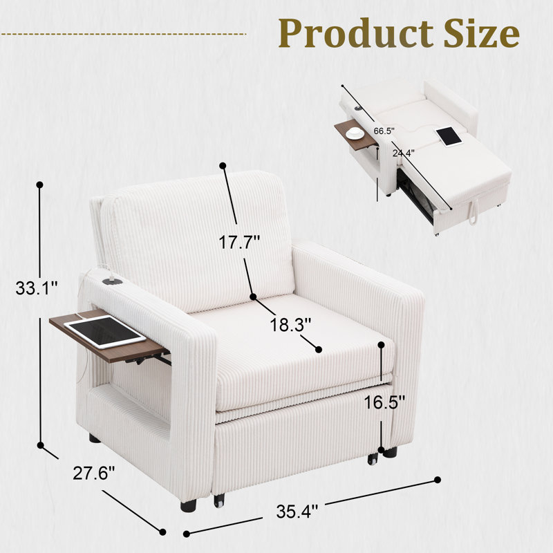 Multi-Functional Upholstered Sleeper Sofa with USB Ports and Convenient Side Pocket, Beige Chenille
