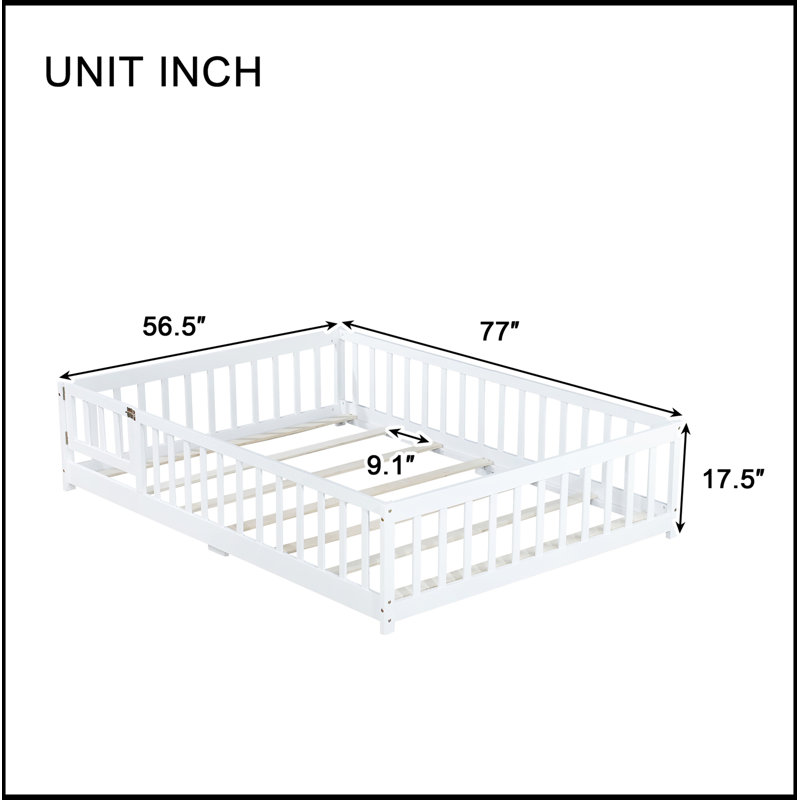 Full Size Floor Bed With Fence And Door,Rubber Wood Floor Bed With Safety Guardrails,White, Full, White