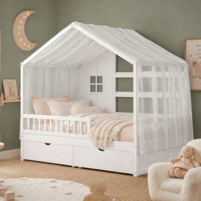 Lit simple en bois pour enfants avec toit, rideaux, garde-corps, 2 tiroirs et tablettes de rangement, lit sur pied Montessori, blanc