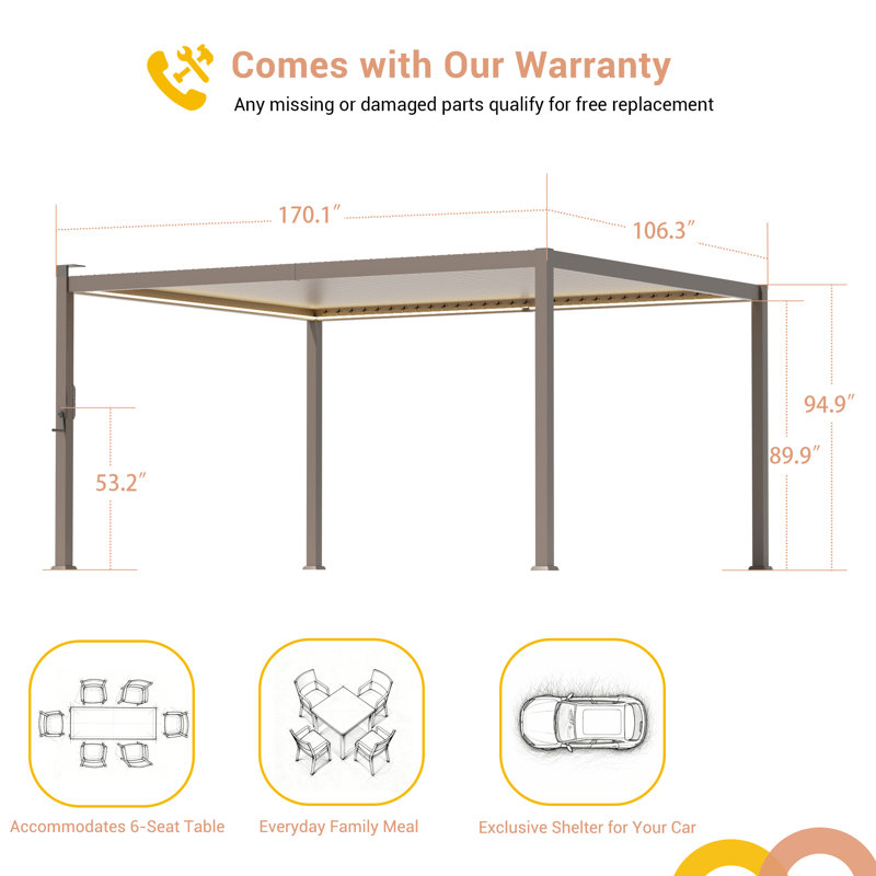 Solar LED Louvered Pergola, Outdoor Pergola with LED Strip Lights & Hardtop Metal Pergola with Adjustable Roof, 9 ft x 14 ft
