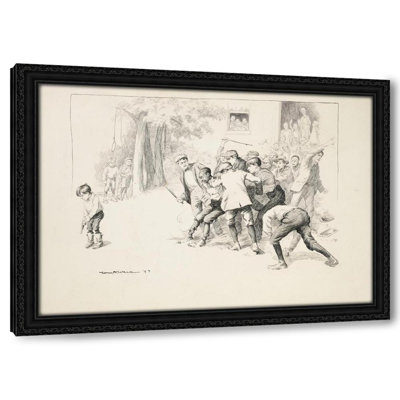 A mob of school children attack a black boy in their school yard and prepare to lynch him, with their teacher watching in the background (1897)