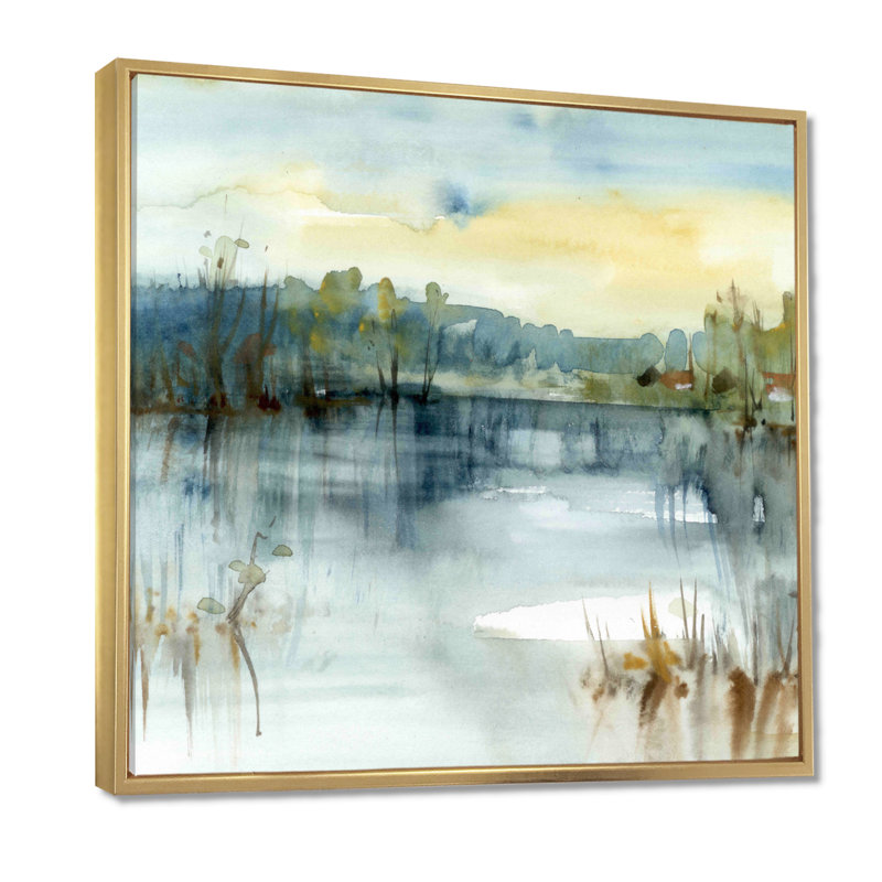" Summer Lake Landscape Illustration ", 30" H x 30" W, Floater Framed, Gold