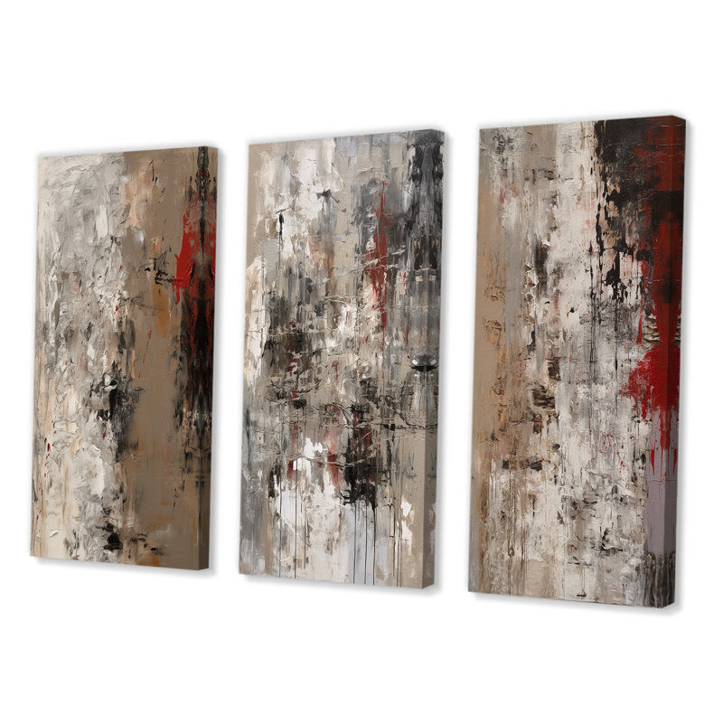 Fading Passion Abstract In Retro Beige And Red - Abstract Painting Art Set Of 3 Pieces, Toile tendue, H 20 po x l 36 po