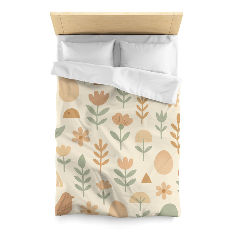 Microfiber Duvet Cover Boho Style, Design 24, Twin Duvet Cover, Green/Beige/White