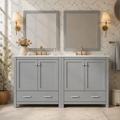 Ensemble de meuble-lavabo 60 po avec lavabos doubles (séparés), lavabos doubles en céramique, tablette de rangement et tiroirs séparés (miroir non inclus) - Solution de salle de bain moderne pour salles de bain spacieuses