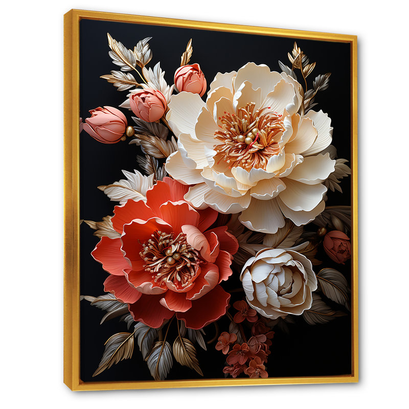 Pivoines colorées en pleine floraison sur toile, Cadre flottant doré, H 44 po x l 34 po x P 1,5 po